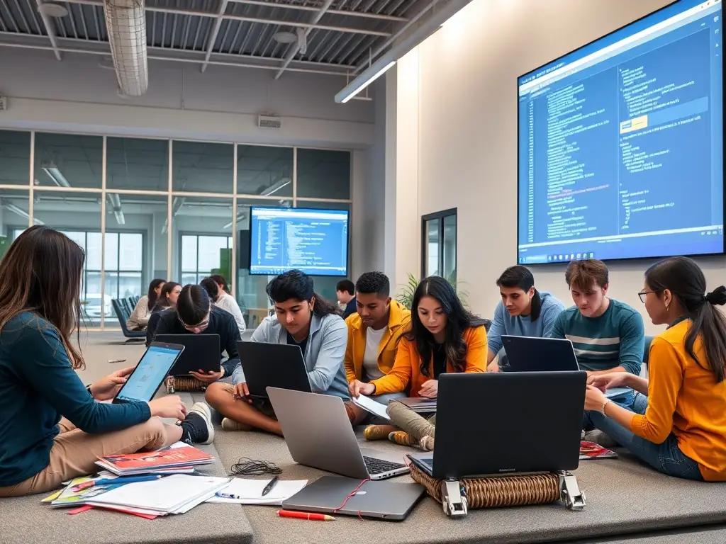 A diverse group of students collaborating on laptops with code and web design elements displayed on screens, symbolizing active learning and teamwork in a full-stack development course at Web Academy.