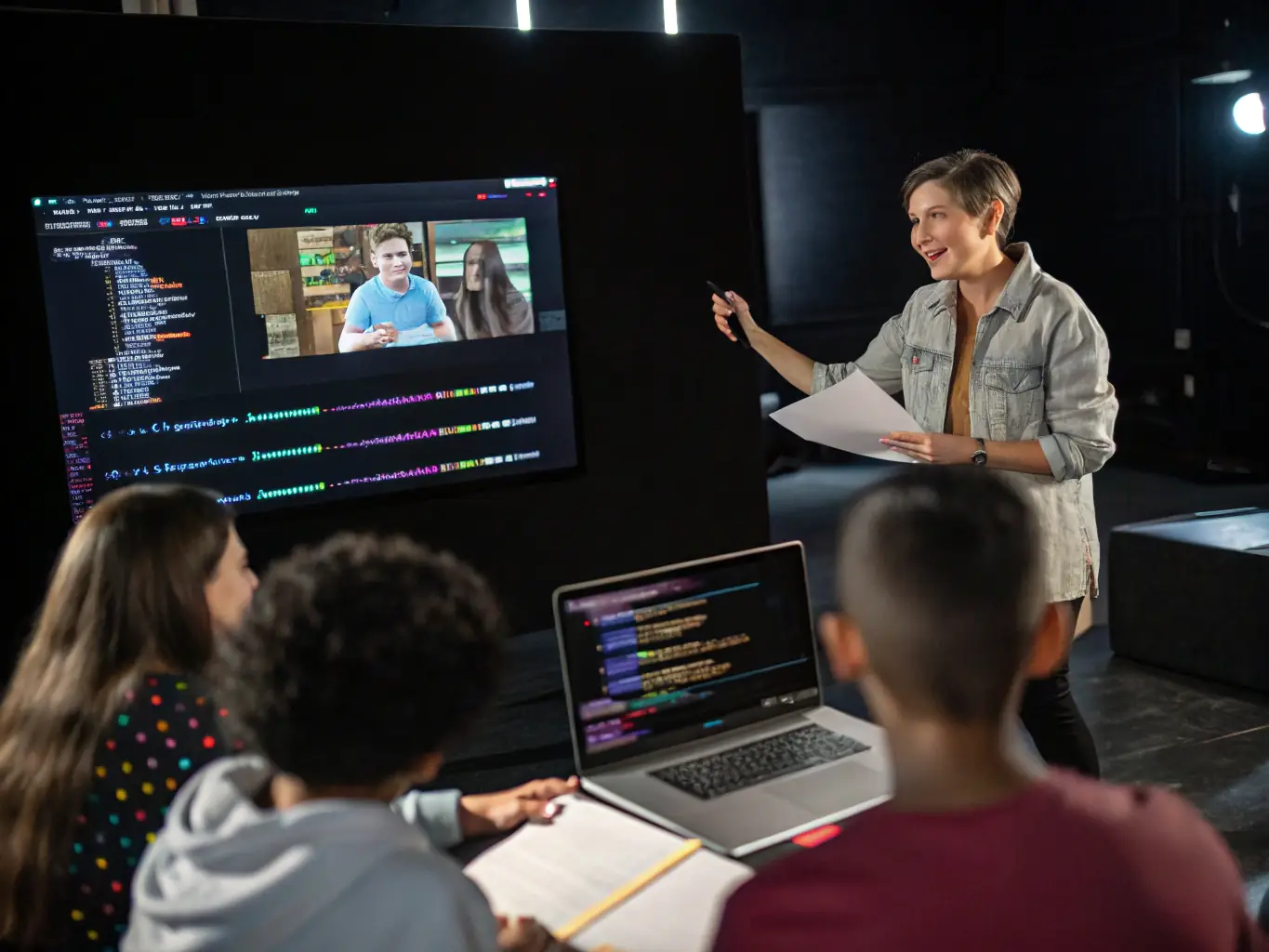An instructor guiding students through a coding exercise, showcasing the hands-on learning approach in the backend development course at Web Academy.